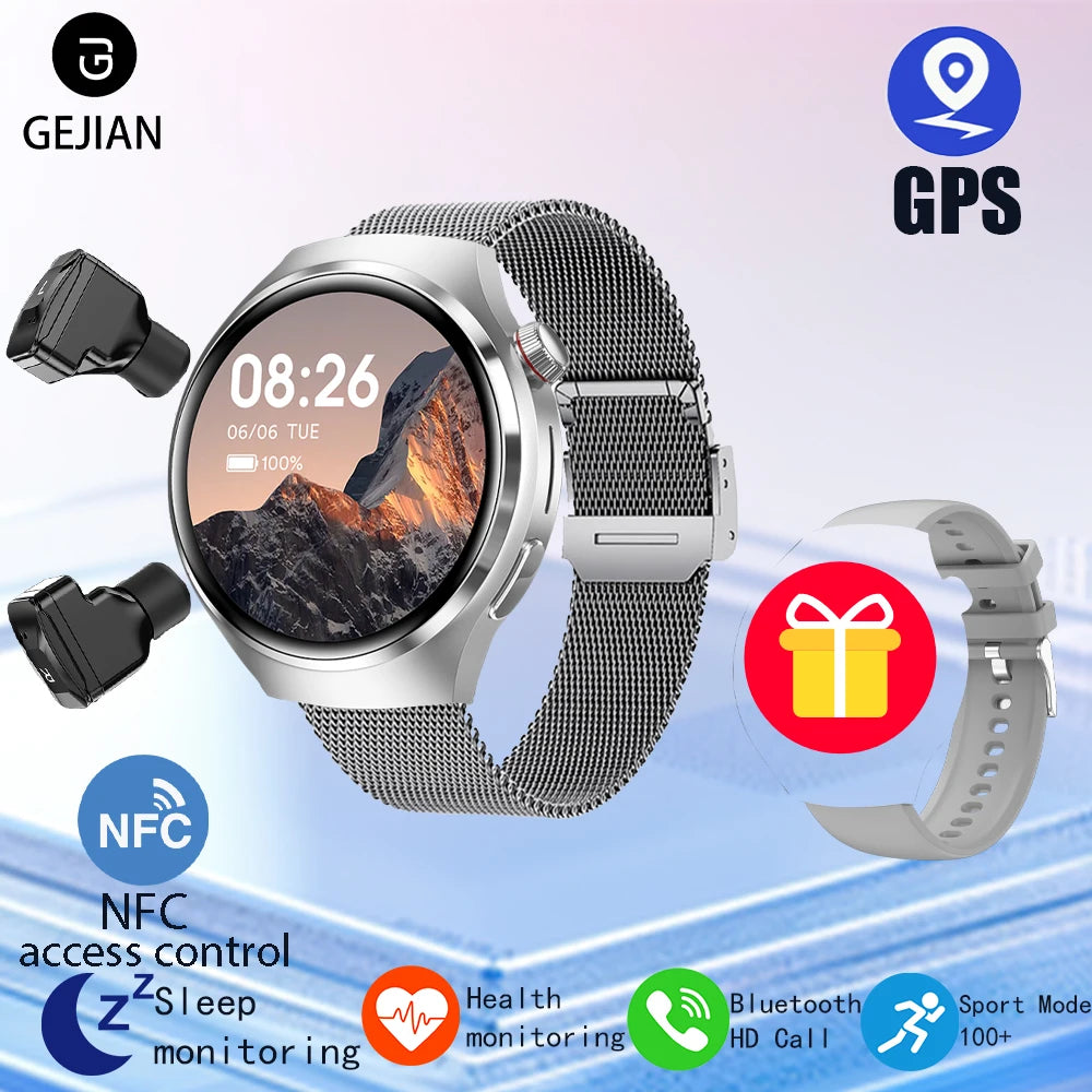 ساعة ذكية 2 في 1 مع سماعات بلوتوث - شاشة عالية الدقة 1.53 بوصة، مكالمات بلوتوث، NFC، GPS، ومتتبع معدل ضربات القلب