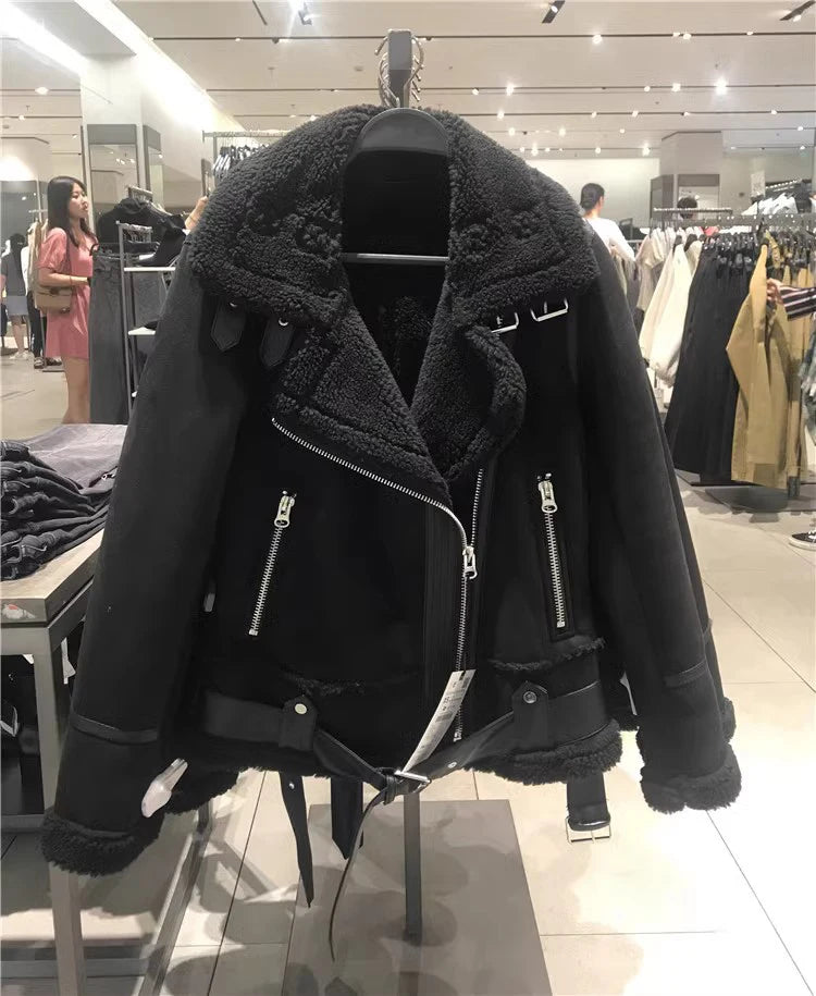 2025 Winter Women Warm Suede Lamb Jacket Short Motorcycle Faux Shearling Brown Coat