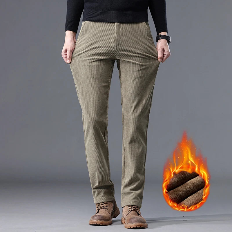 Men's Corduroy Casual Pants – Fleece-Lined Thick Stretch Business Trousers Winter Thermal