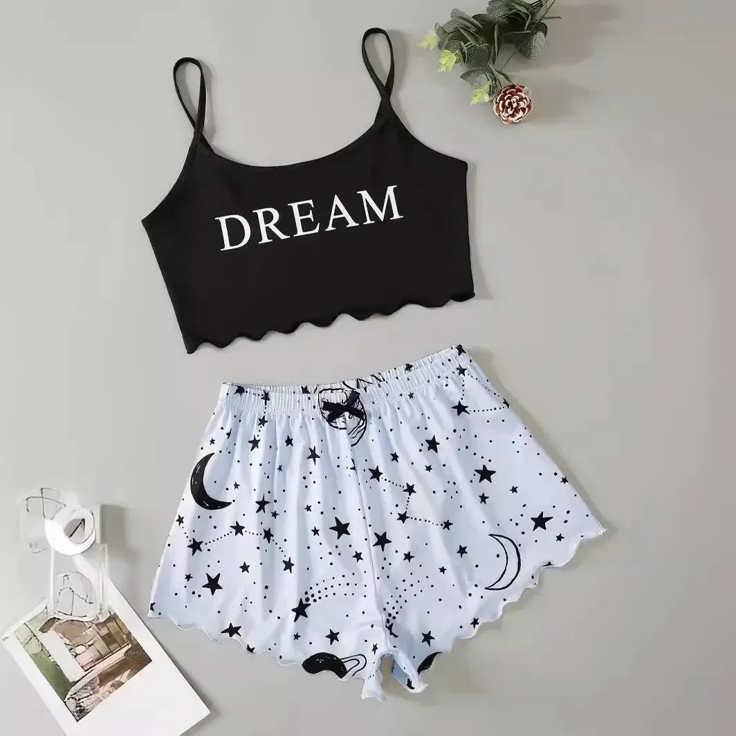Summer Sexy Lingerie Pajama Set — Moon & Stars Print Crop Top with Shorts | Women’s Sleepwear Pyjamas