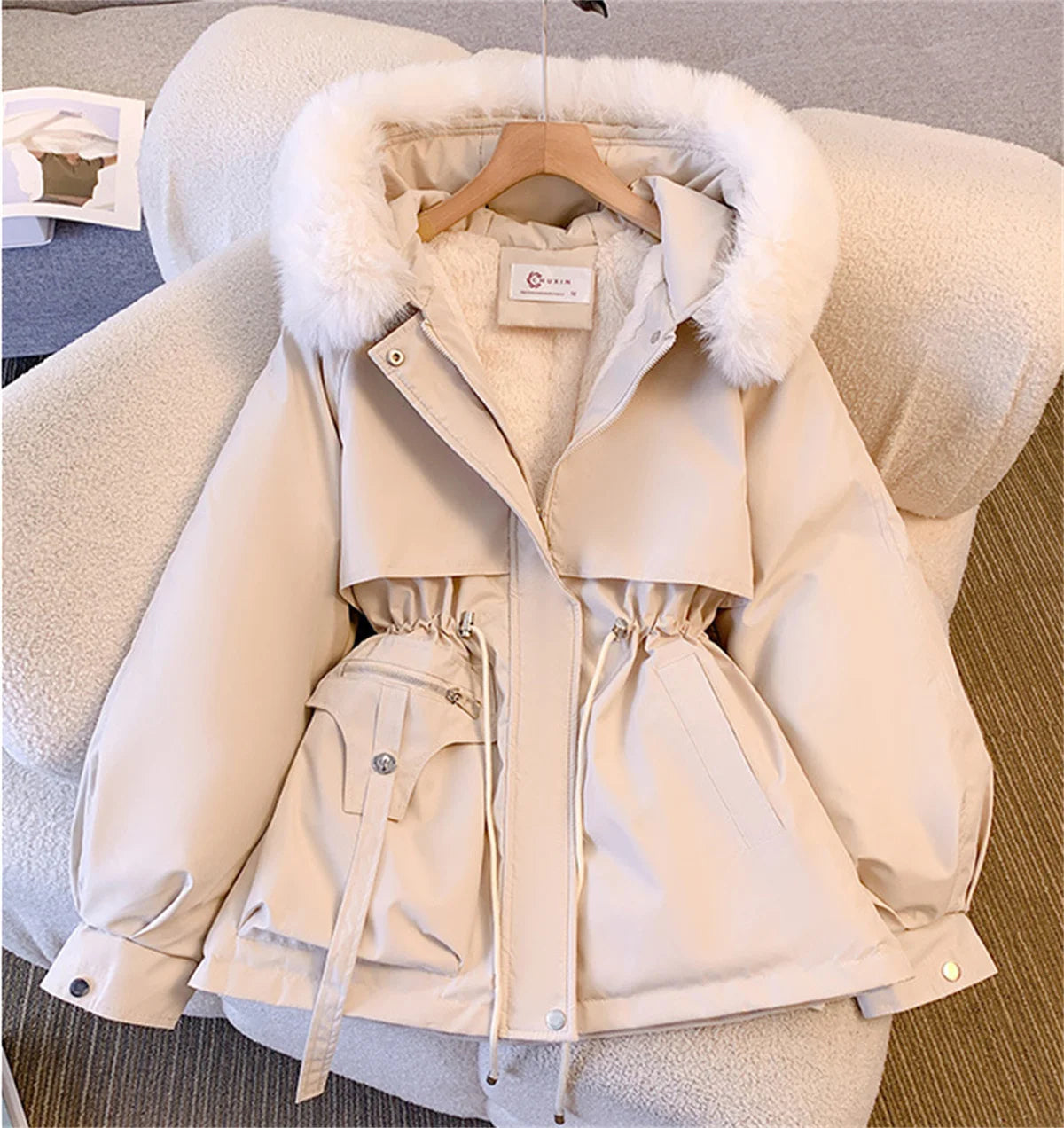 Women Autumn Winter Hooded Drawstring Padded Jacket Solid Casual Zip-Up Parka
