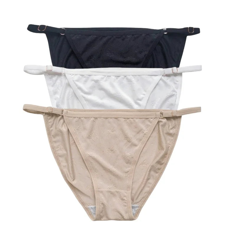 3PCS Set Women's Ice Silk Low Rise Brazilian Panties Solid Color Sexy Underwear S-XL