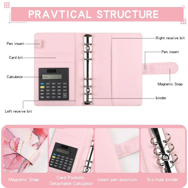 A6 Marble with Calculator Money Budget Planner Binder Zipper Envelopes Cash Envelopes for Budgeting Money Organizer Binder