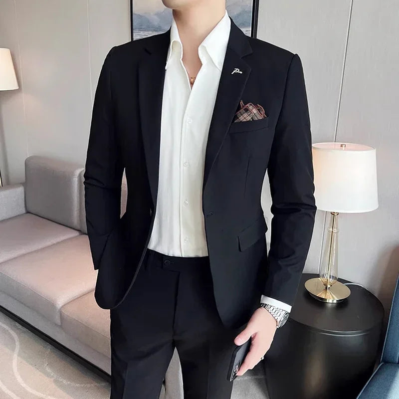 Men's High-End Solid Color Suit – Jacket & Pants for Business, Wedding & Party