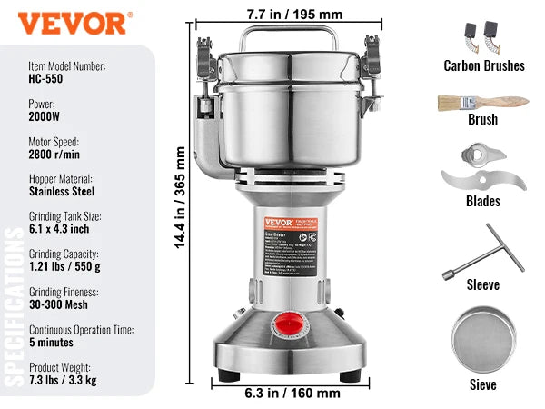 Electric Grain Mill Grinder 150-2500g Commercial Spice Herb Crusher