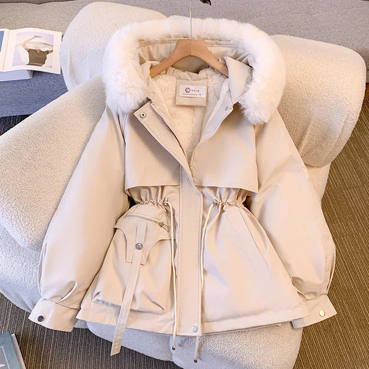 Elegant Autumn Winter Women’s Zipper Hooded Fleece-Lined Down Padded Parka Casual Office Lady Warm Outerwear