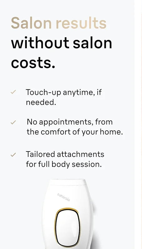 Product advertisement with text about home-based salon services and a close-up of skin.