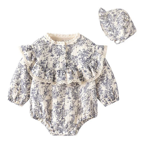 Baby Girl Romper Set Long Sleeve Cotton Korean Style Outfit with Hat 0-24M