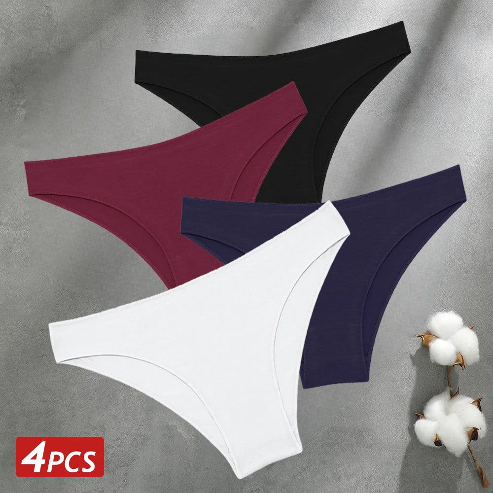 4PCS Seamless Cotton Panties Women Solid Color Low Waist Breathable Stretch Underwear