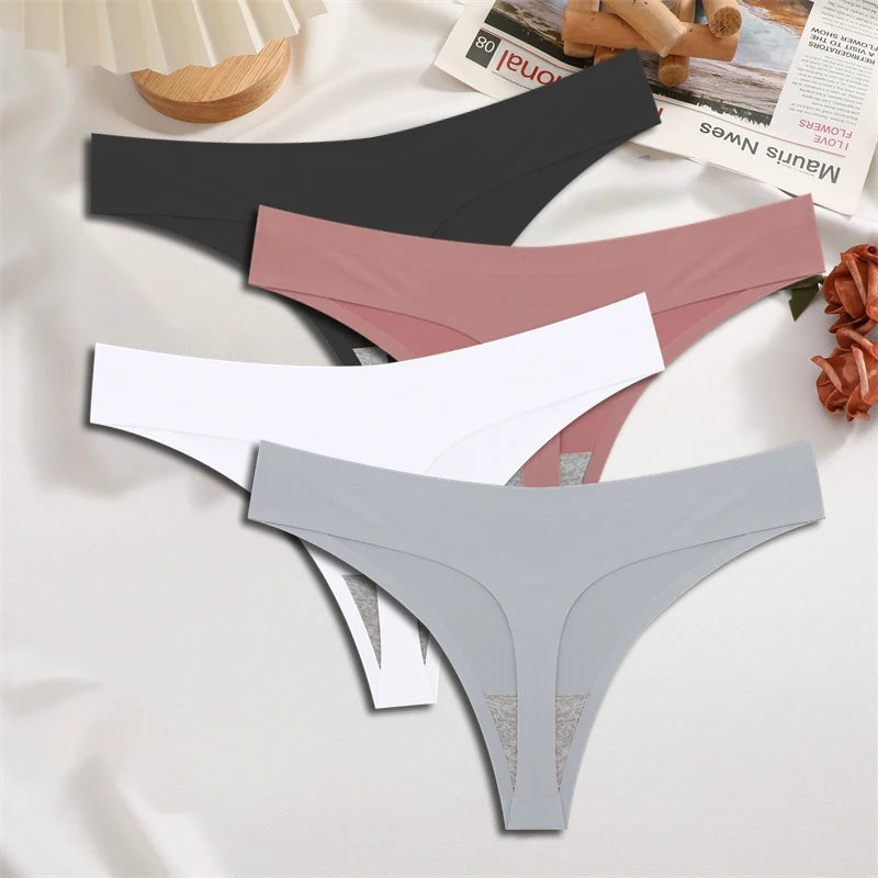 FINETOO 4PCS Women's Ice Silk Seamless Low Waist Thongs Sexy Solid Color Stretch Lingerie