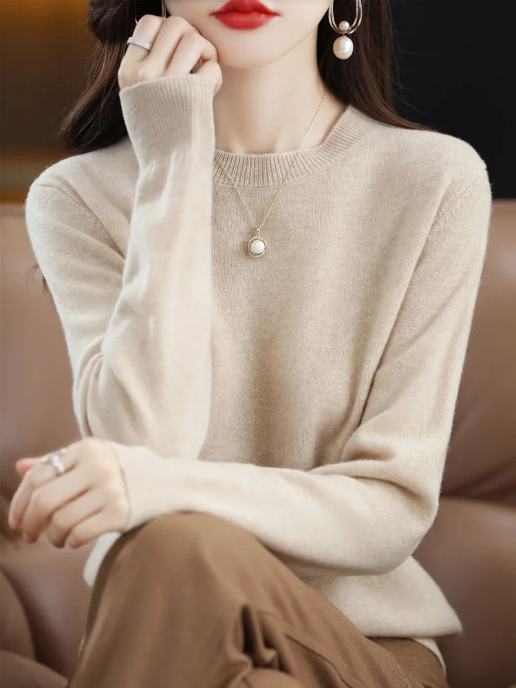 Fashion 100% Merino Wool Cashmere O-Neck Sweater Women Long Sleeve Knitwear