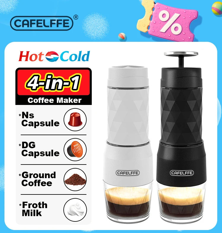 Cafelife 4-in-1 coffee maker with branding and product features on a colorful background