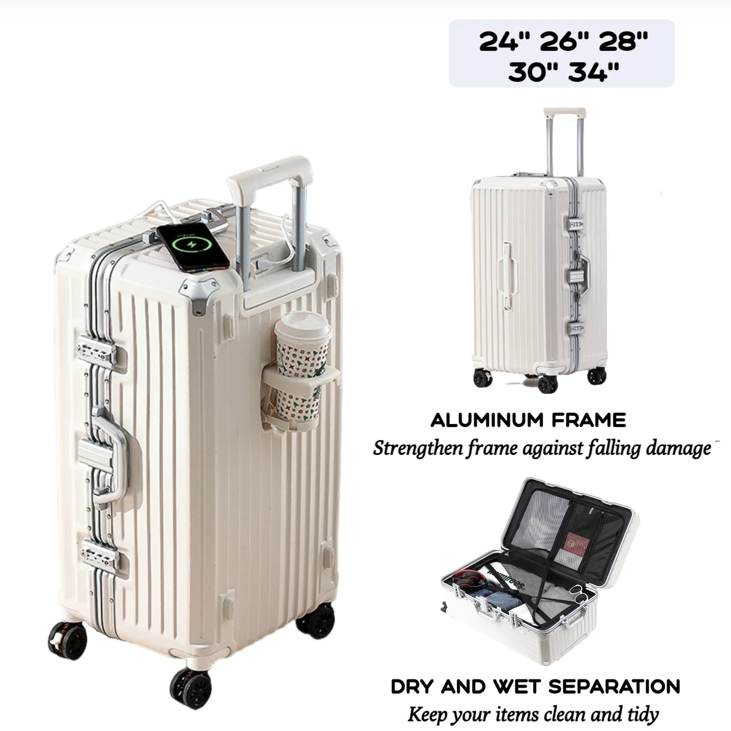 White suitcase with features highlighted on a white background