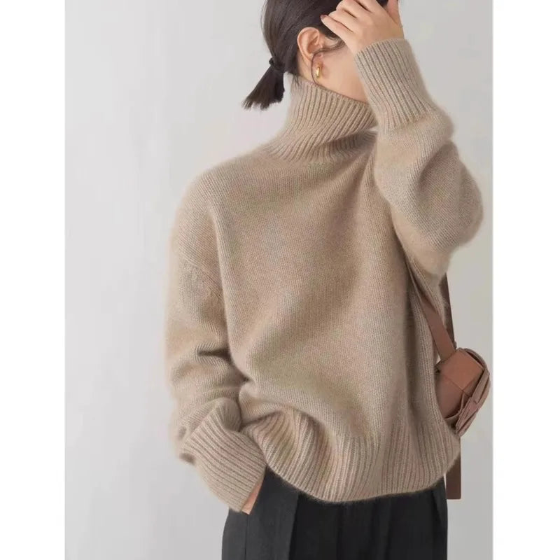 Autumn Winter Women’s Cashmere Sweater – Thick Warm High Neck Knitted Pullover | Loose Fit Base Sweater Top
