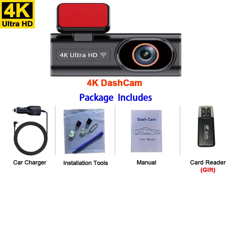 Ultra HD 4K Dash Cam – Loop Recording, 24H Parking Monitoring, Night Vision, Rear Camera Support, WiFi & APP Control