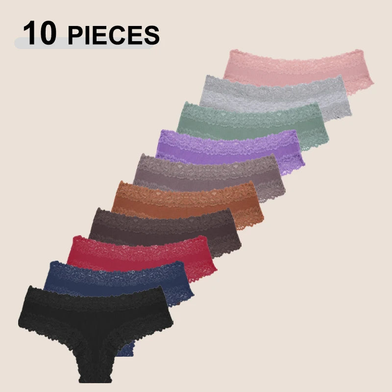 10PCS Set Women's Lace Cotton Low-Waist Brazilian Panties Soft Sexy Underwear Intimates