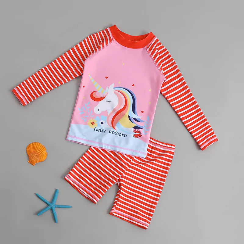 Kids Cartoon Long Sleeve Swimsuit Set Sun Protection Boys Girls Beachwear