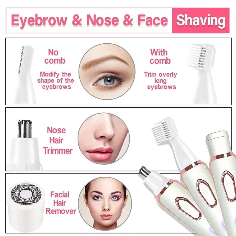 ماكينة إزالة الشعر الكهربائية 4 في 1 للنساء - أداة تشذيب لإزالة الشعر بدون ألم للوجه والجسم ومنطقة البكيني والحواجب والأنف