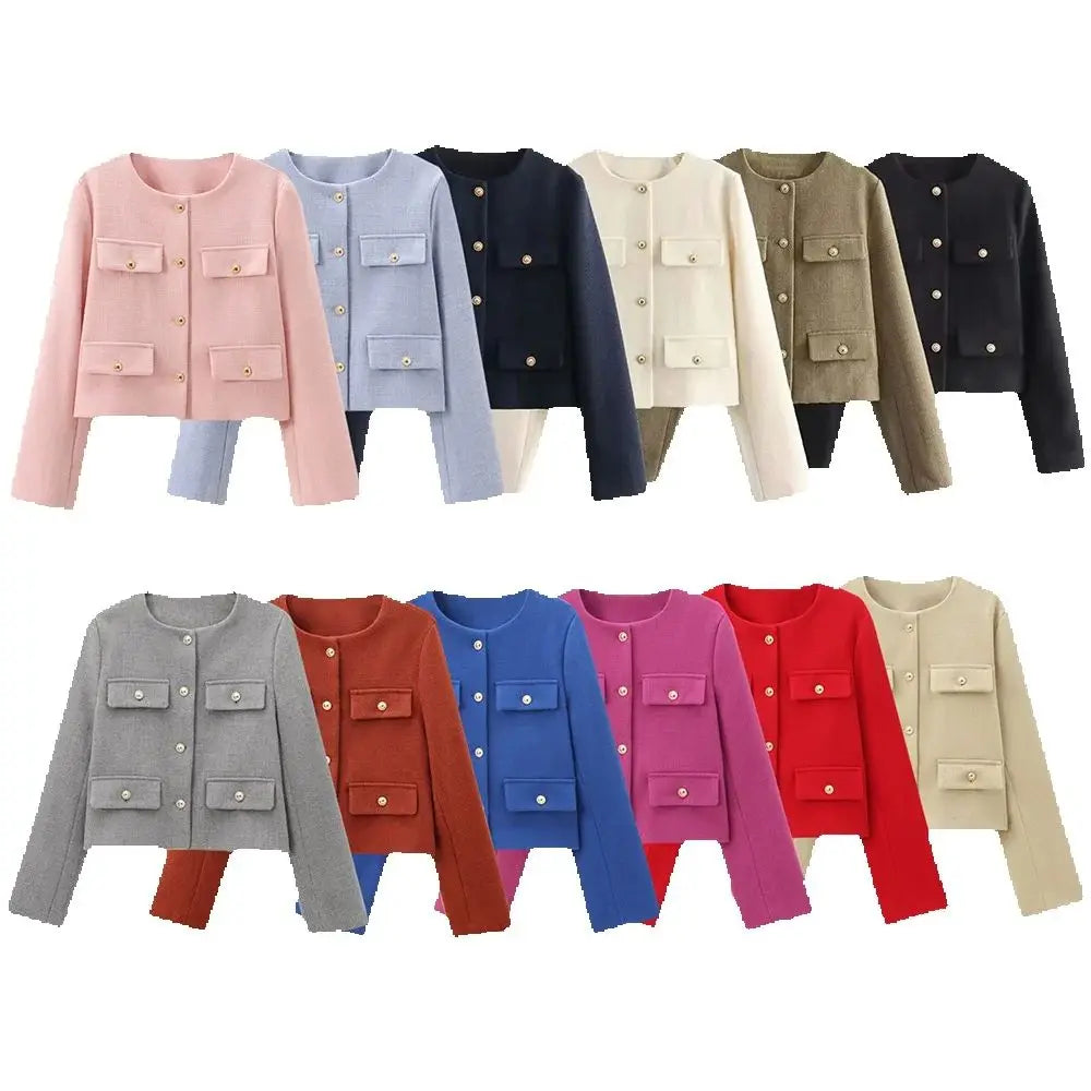 Winter New Women's Fashion Casual Versatile Round Neck Flip-Decor Short Suit Coat