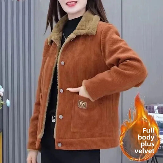 Warm Fleece-Lined Jacket for Middle-Aged & Elderly Women Slim Loose Fit Autumn Winter Fashion