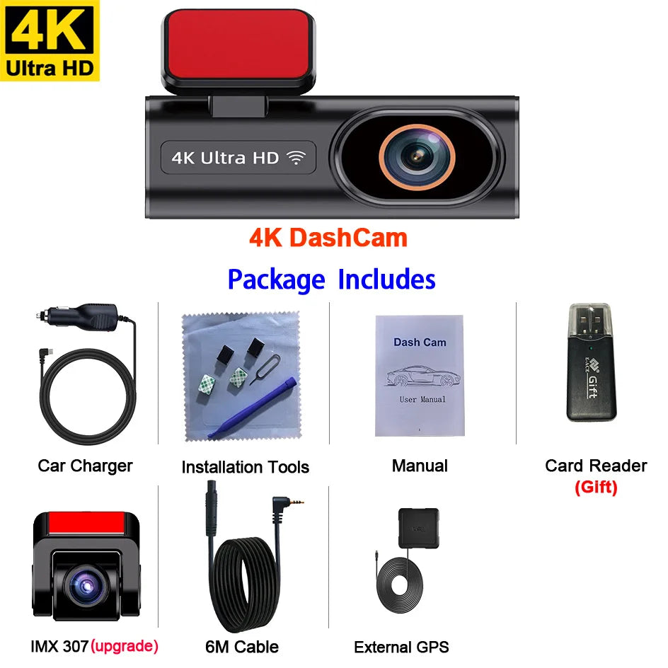 Ultra HD 4K Dash Cam – Loop Recording, 24H Parking Monitoring, Night Vision, Rear Camera Support, WiFi & APP Control