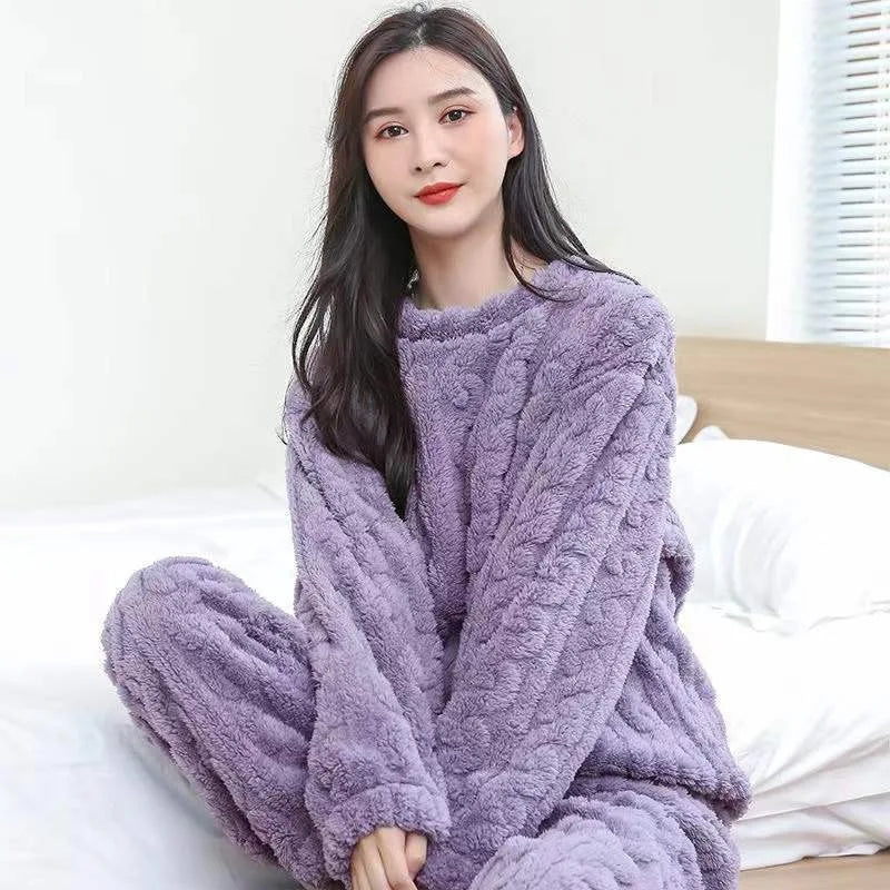 Women's Thickened Flannel Pajama Set | Winter Warm Sleepwear | Striped Top & Pants Homewear Loungewear