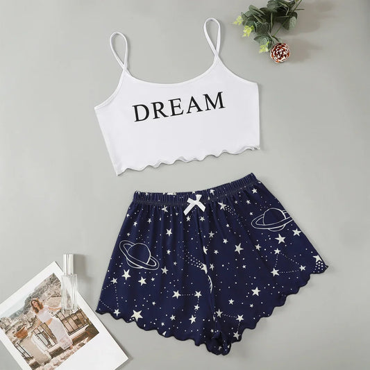 Summer Sexy Lingerie Pajama Set — Moon & Stars Print Crop Top with Shorts | Women’s Sleepwear Pyjamas