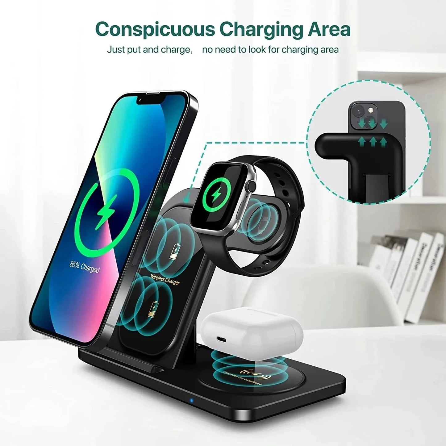 3-in-1 Wireless Charger Stand Pad – Foldable Fast Charging Dock for iPhone 12/13/14/15 Pro Max, Apple Watch & AirPods Pro