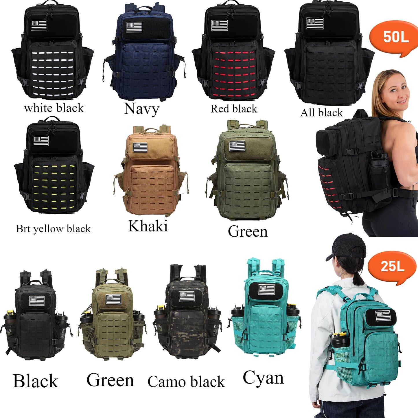 25L/50L Tactical Backpack | MOLLE Outdoor Hiking & Hunting Rucksack for Men with 2 Bottle Holders