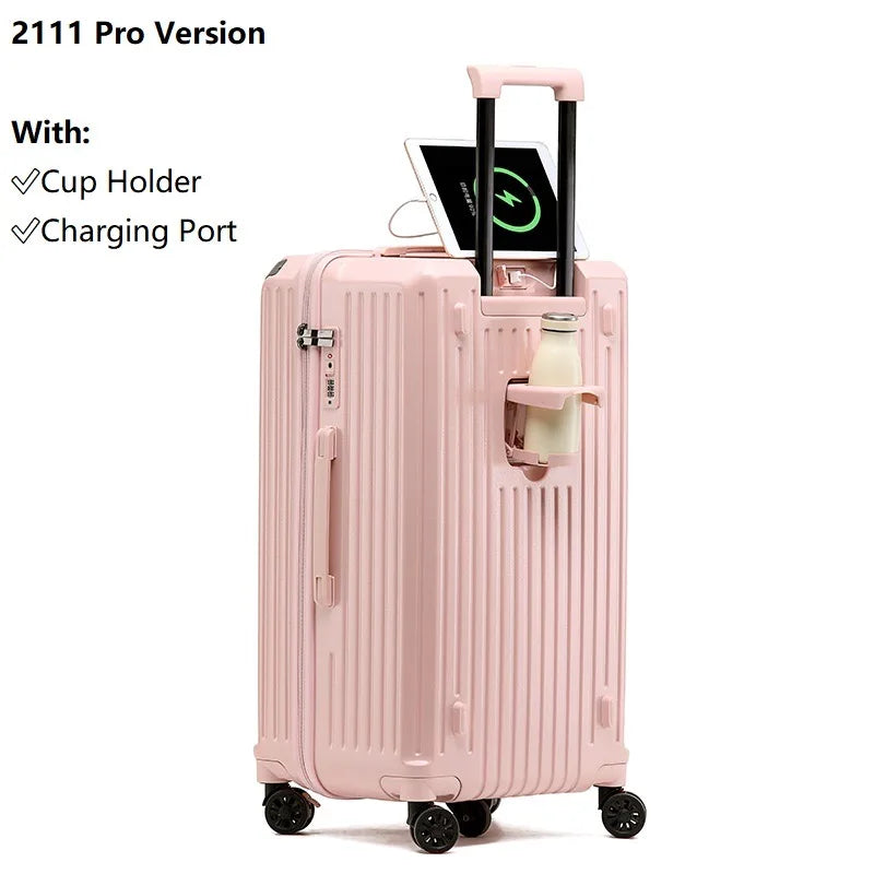 Large Capacity Luggage Suitcase | USB Charging Carry-On with Cup Holder for Women & Girls | Travel 20/24/26/28 Inch