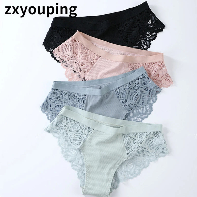 3Pcs Cotton Lace Panties for Women - Sexy Floral Briefs Underwear Lingerie Plus Size