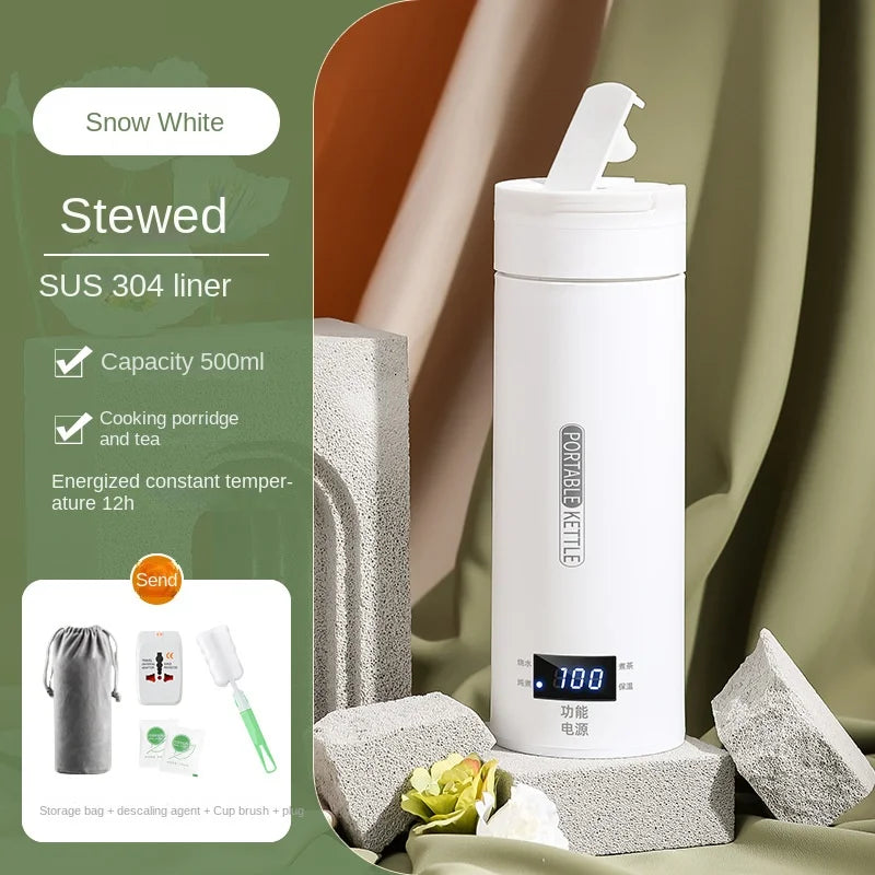 غلاية كهربائية للسفر سعة 500 مل - سخان حليب محمول سريع الغليان للأطفال، زجاجة حرارية من الفولاذ المقاوم للصدأ 304