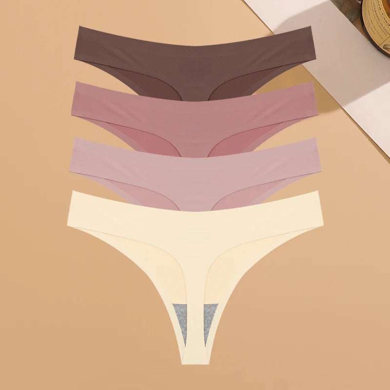 4PCS Ultra-Thin Seamless Women’s Underwear – Invisible Ice Silk Thongs, Low Waist Breathable Stretchy Bikini Lingerie