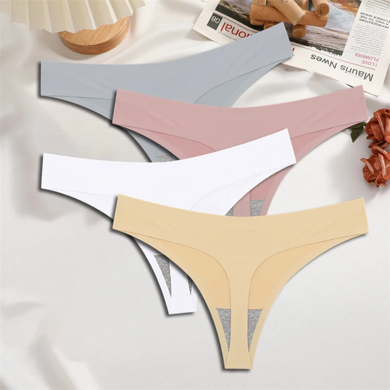 FINETOO 4PCS Women's Ice Silk Seamless Low Waist Thongs Sexy Solid Color Stretch Lingerie
