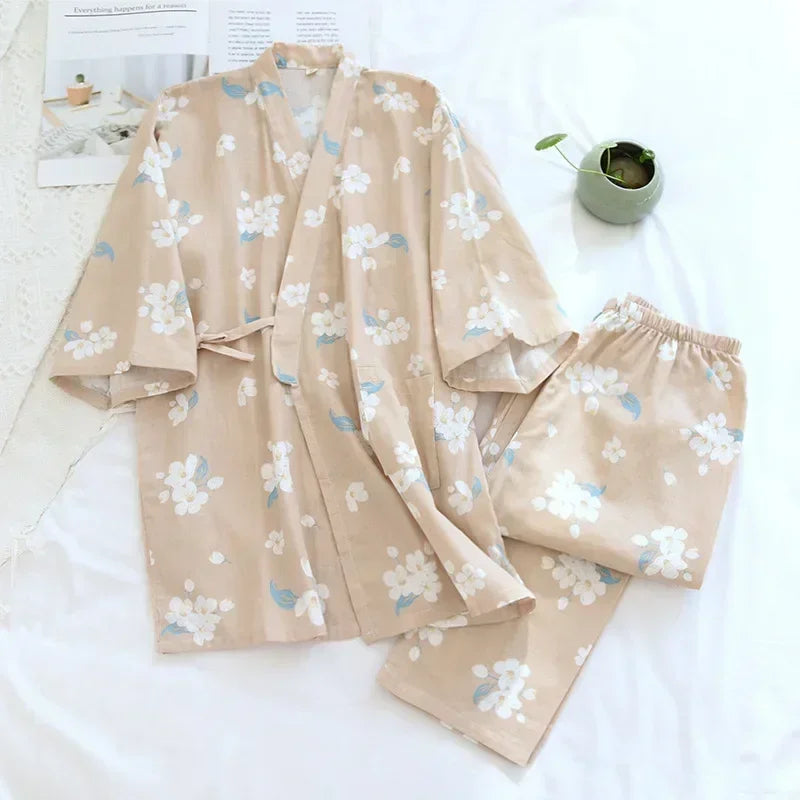 2025 Japanese Style Women's Kimono Pajama Set | 100% Cotton Gauze Seven Sleeve Two-Piece | Cute Spring & Autumn Homewear