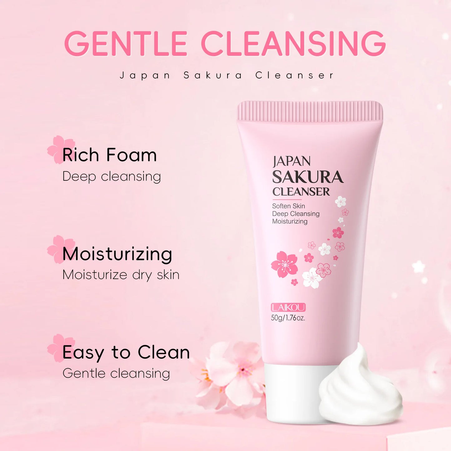 LAIKOU Sakura Face Cleanser • Gentle Deep Cleaning & Oil Control • Moisturizing Pore Care for All Skin Types (50g)