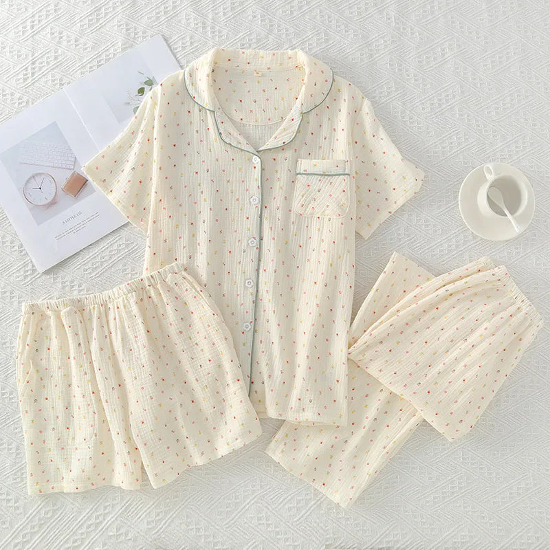 Summer Women's Pajama Set | 3-Piece 100% Gauze Cotton Sleepwear with Short Sleeve Top, Long Pants & Shorts