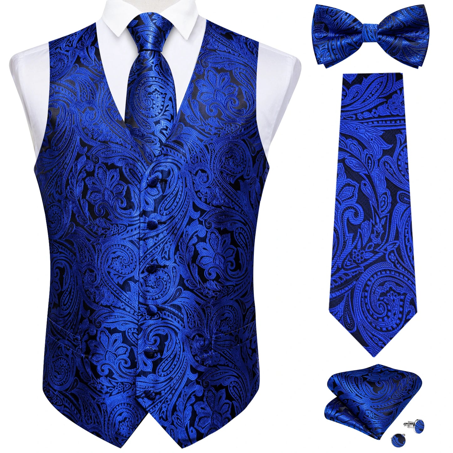 Men's Black Paisley Suit Vest with Necktie & Accessories – Formal Waistcoat for Wedding & Prom