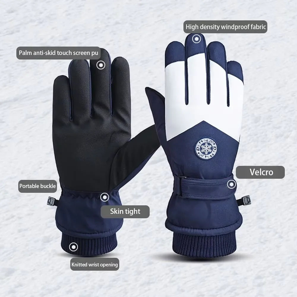 Unisex Winter Ski Gloves – Waterproof PU Leather Non-Slip Touchscreen Snowboard & Motorcycle Cycling Fleece Warm Gloves