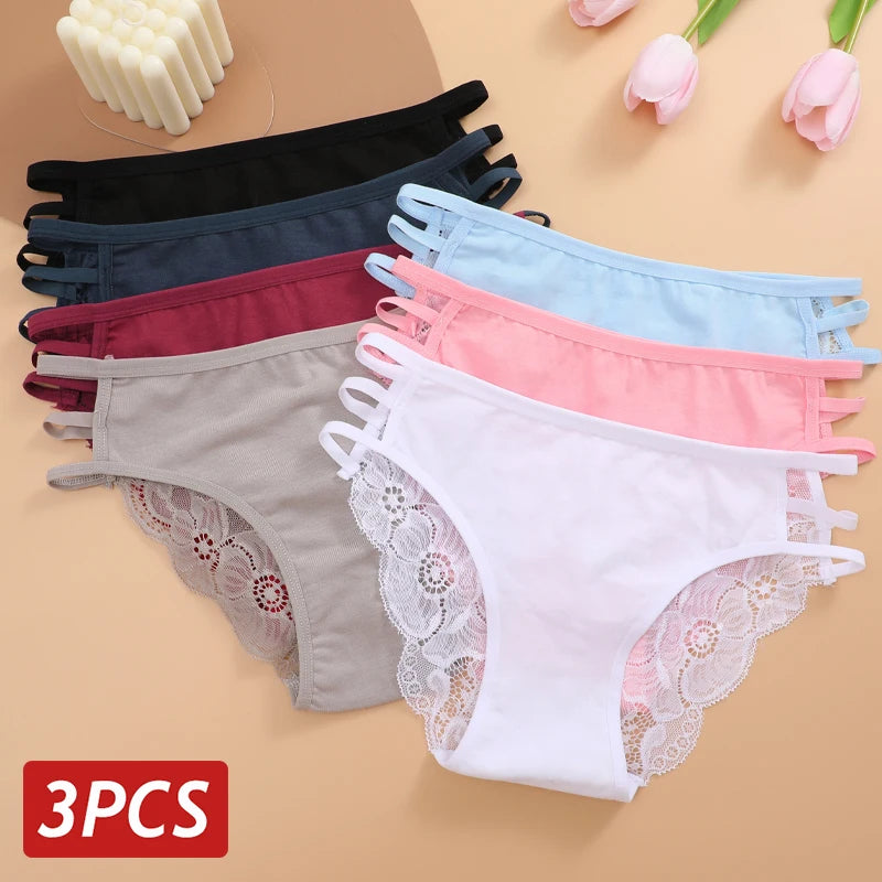 3PC Set Women's Sexy Lace Low Rise Hollow Out Floral Panties Transparent Soft Elastic Lingerie