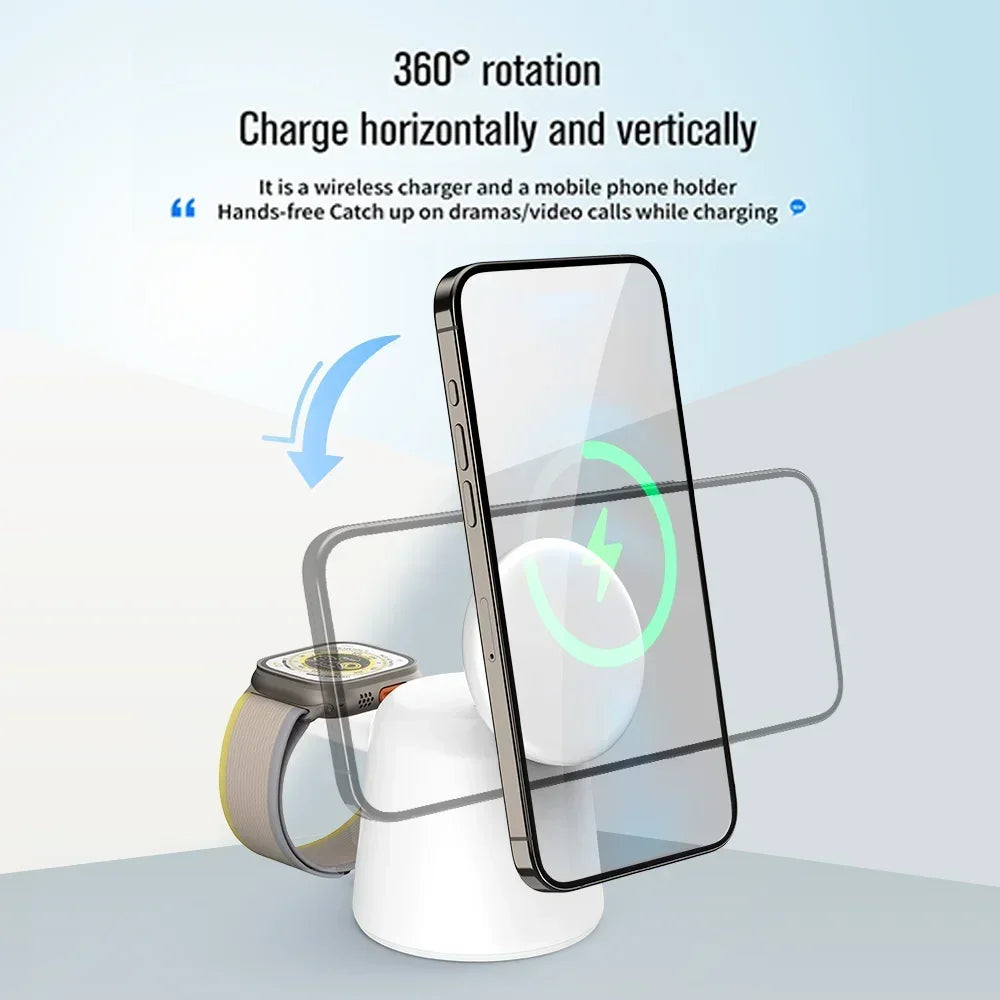 3-in-1 Magnetic Wireless Charger Stand – Fast Charging Dock for MagSafe iPhone 12/13/14/15 Pro Max, Apple Watch & AirPods
