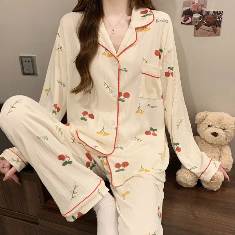 New Spring Autumn Women's Pajama Set | Love Cardigan Long Sleeve Crinkled Fabric Loungewear