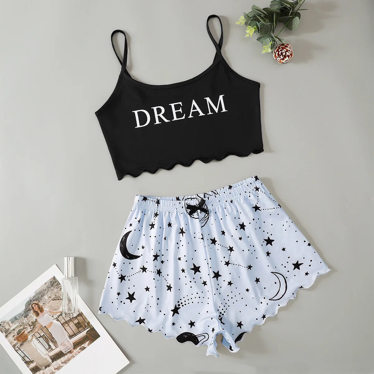 Summer Sexy Lingerie Pajama Set — Moon & Stars Print Crop Top with Shorts | Women’s Sleepwear Pyjamas