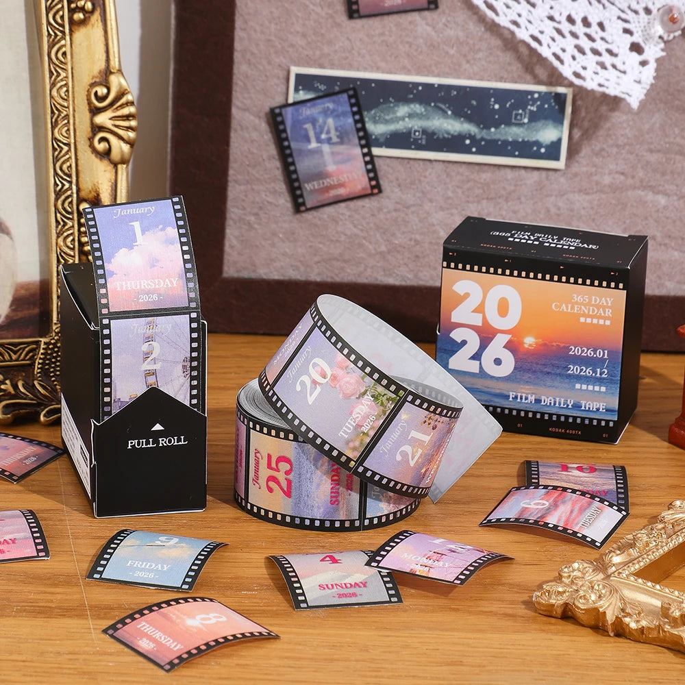 2026 Washi Tape Calendar – Vintage Film Daily Pull-Out Sticker Calendar with 365-Day Aesthetic Tape