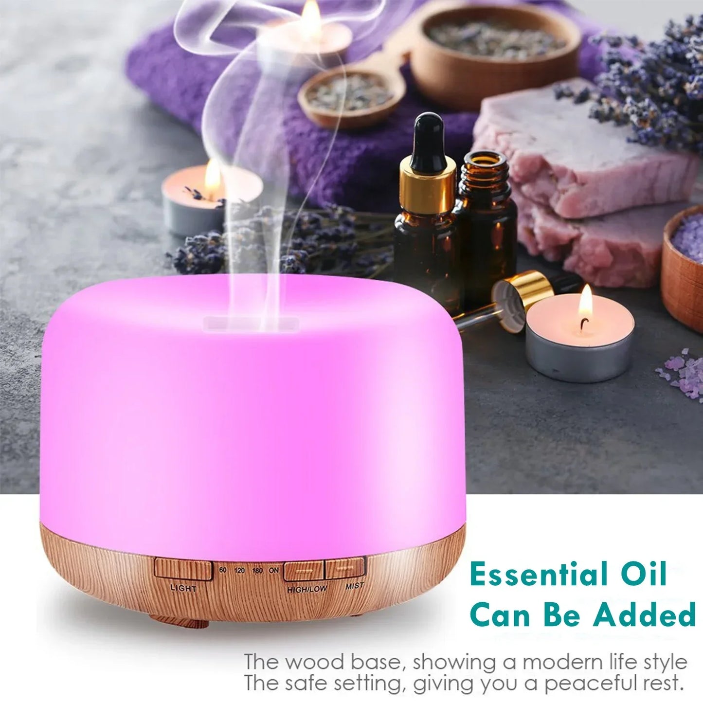 Mini Wood Grain Aroma Diffuser – 500ML USB Essential Oil Humidifier with Colorful Night Lights for Home Air Purification