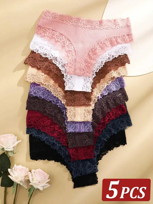 5 PCS Women's Cotton Panties | Floral Lace Patchwork Briefs | Soft Comfortable Underwear S-XL