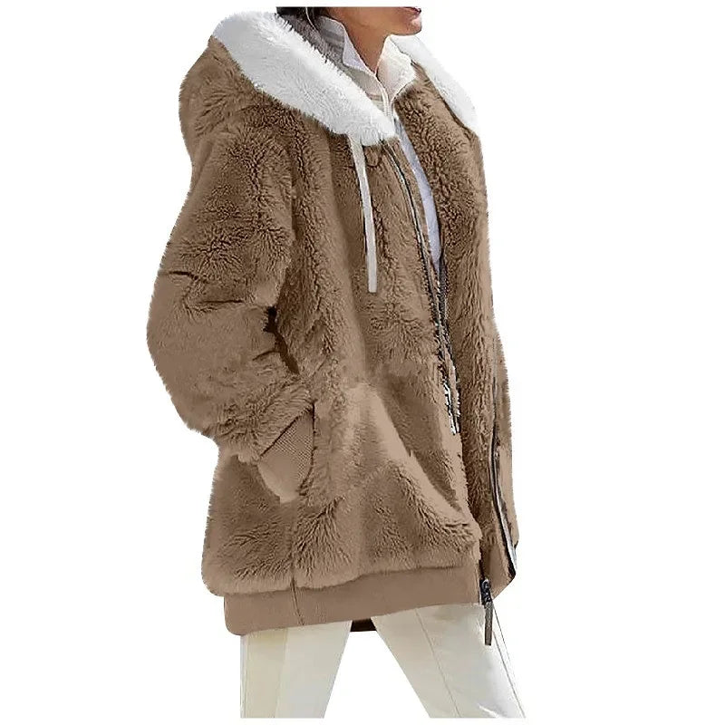 Damen-Freizeitjacke mit Kapuze und Reißverschluss aus Kaschmir-Fleece, einfarbig, für Herbst und Winter