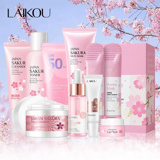 9pcs Sakura Skincare Set – Korean Beauty Kit with Cleanser, Cream, Sunscreen, Mask & Eye Cream