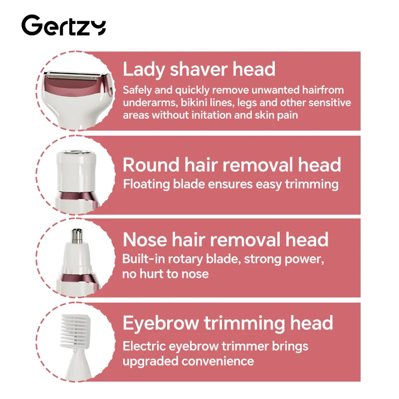 ماكينة حلاقة كهربائية قابلة لإعادة الشحن 4 في 1 للنساء - للوجه والأنف والساقين والإبطين ومنطقة البكيني، مجموعة عناية جافة ورطبة بدون ألم