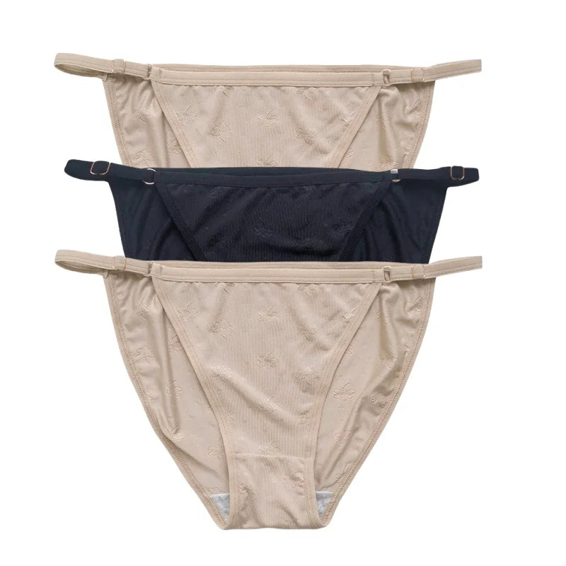 3PCS Set Women's Ice Silk Low Rise Brazilian Panties Solid Color Sexy Underwear S-XL